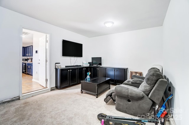 living room with light colored carpet