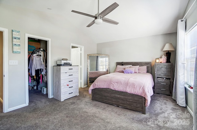 carpeted bedroom featuring baseboards, a ceiling fan, a walk in closet, high vaulted ceiling, and a closet