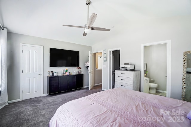 bedroom with lofted ceiling, ensuite bathroom, carpet flooring, ceiling fan, and baseboards