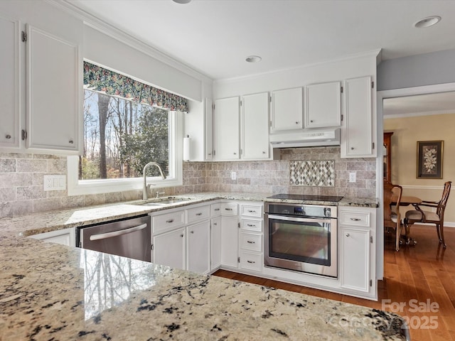 kitchen featuring under cabinet range hood, light stone counters, a sink, appliances with stainless steel finishes, and white cabinets