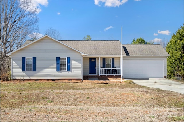 single story home with a shingled roof, covered porch, concrete driveway, an attached garage, and crawl space