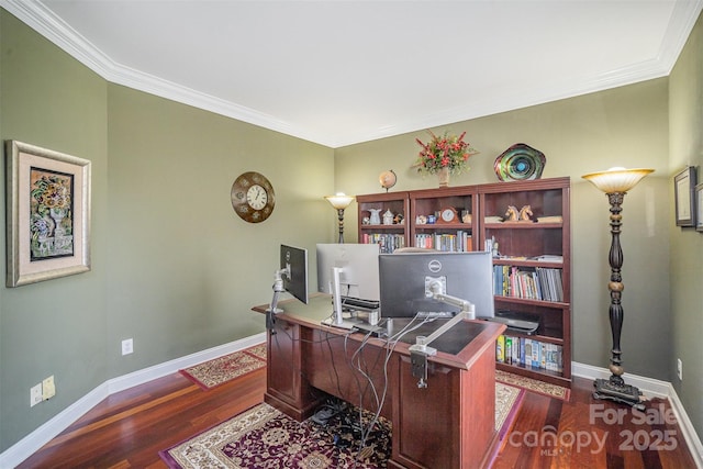 home office with crown molding, baseboards, and wood finished floors