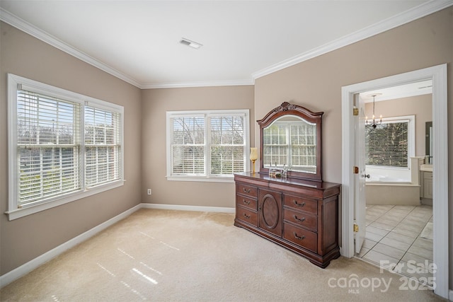 bedroom with a notable chandelier, visible vents, ornamental molding, light carpet, and baseboards