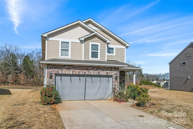 view of front of home with a garage, stone siding, and concrete driveway