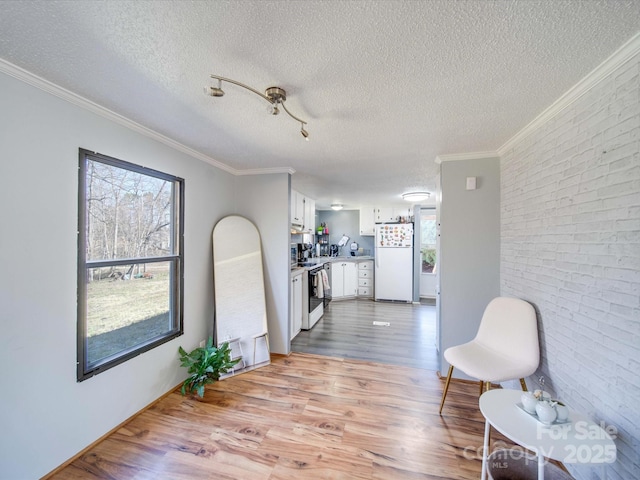 interior space featuring a healthy amount of sunlight, a textured ceiling, crown molding, and wood finished floors