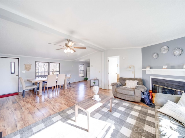 living room featuring ceiling fan, a glass covered fireplace, wood finished floors, and ornamental molding