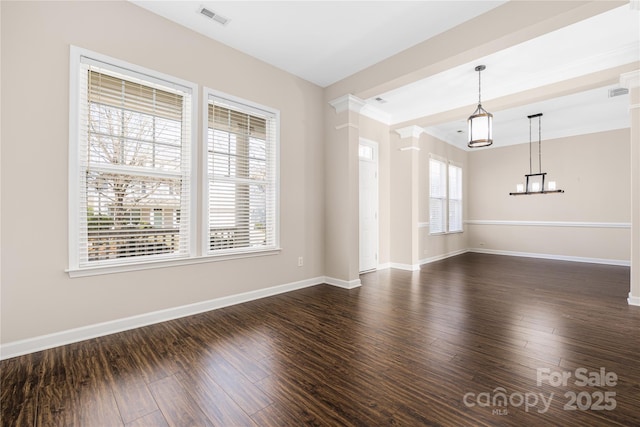 unfurnished room featuring baseboards, visible vents, and dark wood-type flooring