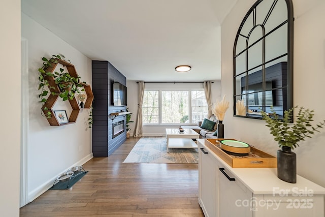 living room with a fireplace, wood finished floors, and baseboards