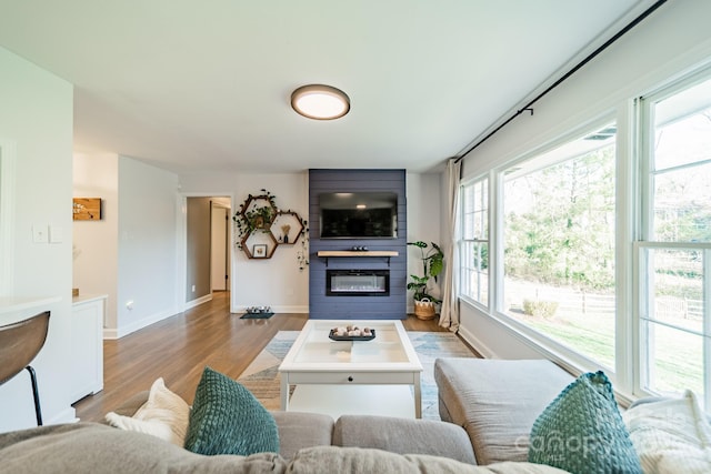 living room with a large fireplace, baseboards, and wood finished floors