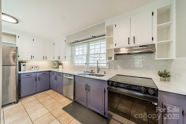 kitchen with open shelves, gray cabinetry, appliances with stainless steel finishes, a sink, and under cabinet range hood