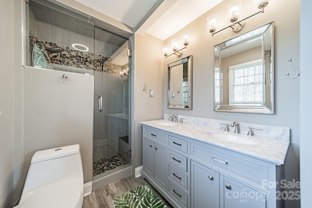 full bathroom with double vanity, a sink, toilet, and a shower stall