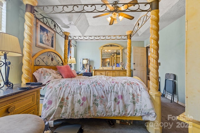 carpeted bedroom featuring baseboards, vaulted ceiling, and a textured ceiling