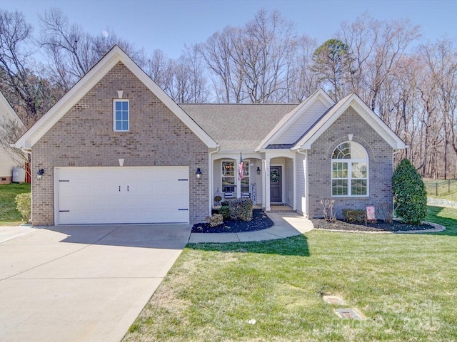 ranch-style home featuring brick siding, driveway, and a front lawn