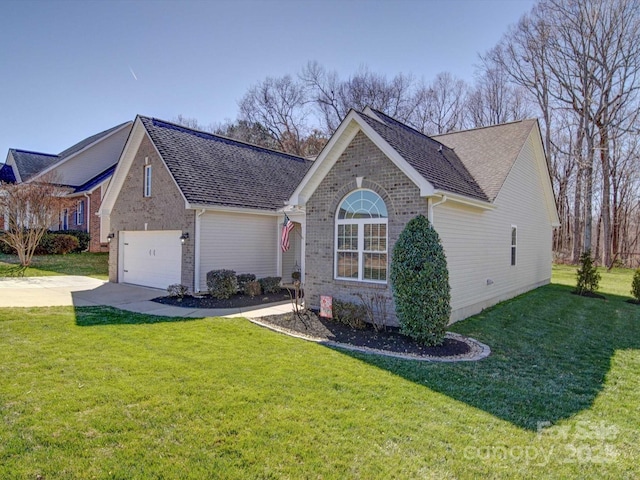 ranch-style house featuring a front yard, brick siding, and driveway