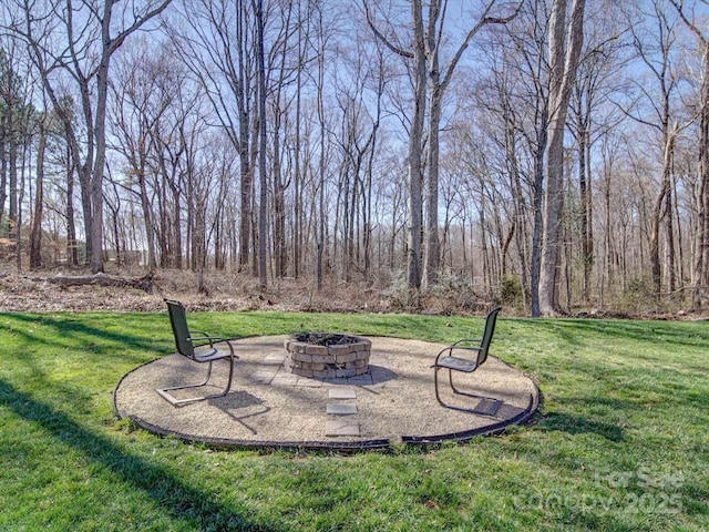 view of yard featuring an outdoor fire pit and a patio area