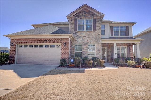 view of front of house featuring a garage, brick siding, a shingled roof, stone siding, and concrete driveway