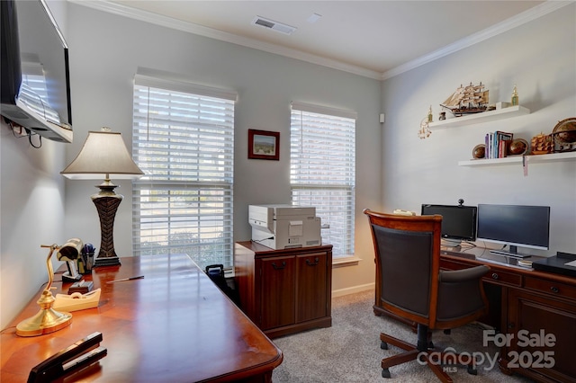 office space with baseboards, carpet, visible vents, and crown molding