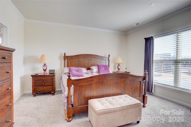 bedroom with visible vents, baseboards, ornamental molding, and light colored carpet