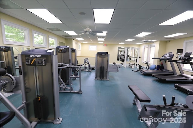 workout area featuring a paneled ceiling and a ceiling fan