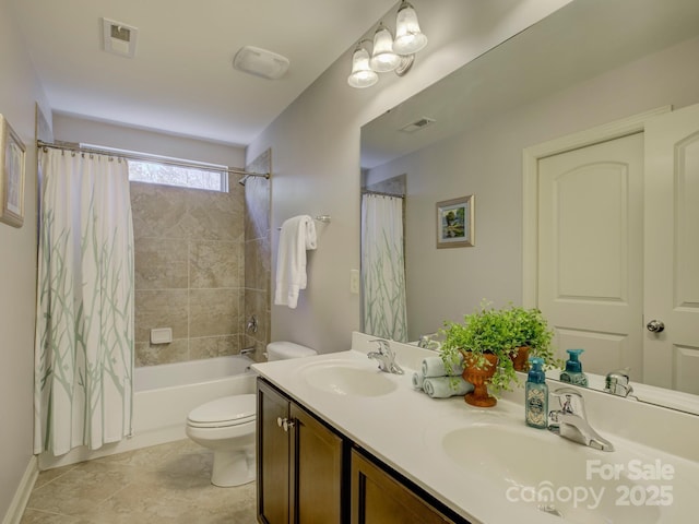 bathroom featuring double vanity, visible vents, toilet, shower / bathtub combination with curtain, and a sink