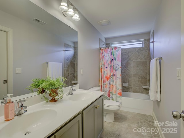 bathroom with toilet, shower / bath combo with shower curtain, a sink, and visible vents