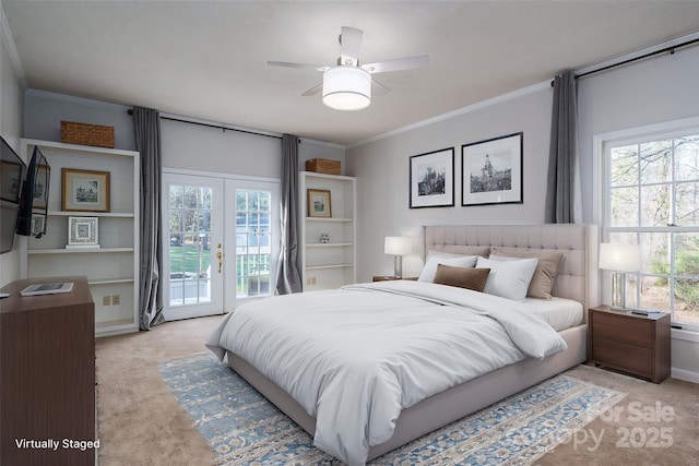 bedroom featuring carpet flooring, multiple windows, crown molding, and access to outside