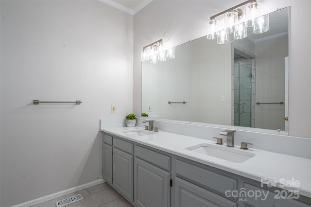 full bath with a sink, visible vents, a stall shower, and crown molding