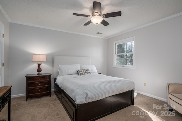 bedroom featuring visible vents, crown molding, baseboards, light colored carpet, and ceiling fan