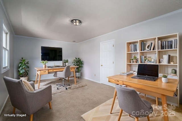 office space with carpet, baseboards, and ornamental molding