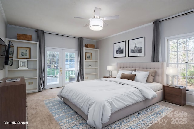 107 Doris Ct, Lincolnton, NC 28092 - carpeted bedroom with access to outside, multiple windows, crown molding, french doors, and ceiling fan