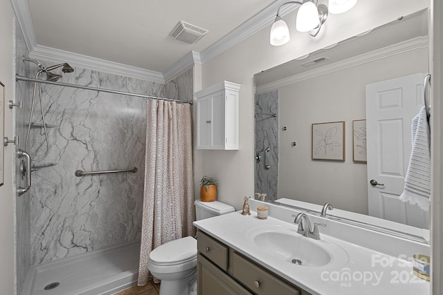 bathroom with a marble finish shower, visible vents, toilet, crown molding, and vanity