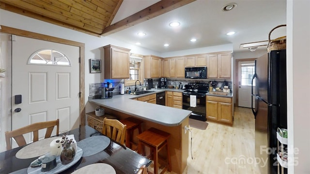 kitchen with lofted ceiling with beams, a sink, light wood-type flooring, a peninsula, and black appliances