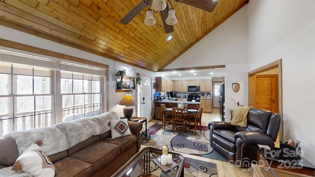 living room with light wood-type flooring, wooden ceiling, high vaulted ceiling, and a ceiling fan