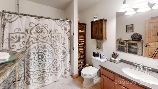 bathroom featuring toilet, a shower with curtain, wood finished floors, and vanity