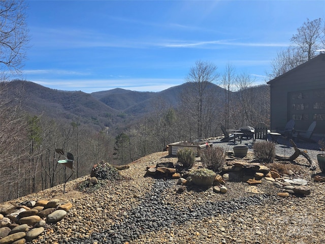 view of mountain feature with a wooded view