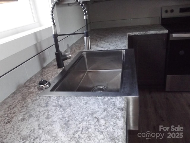 room details with stainless steel range with electric stovetop and a sink