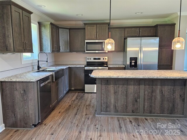 784 Severt Cir NE, Lenoir, NC 28645 - kitchen featuring appliances with stainless steel finishes, a sink, wood finished floors, dark brown cabinetry, and crown molding