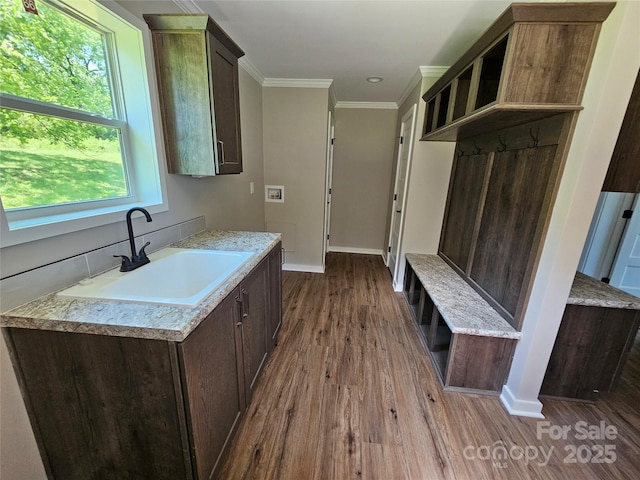 784 Severt Cir NE, Lenoir, NC 28645 - mudroom featuring a sink, wood finished floors, baseboards, and crown molding