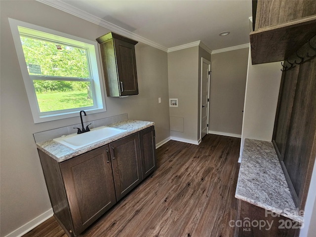 784 Severt Cir NE, Lenoir, NC 28645 - kitchen with a sink, baseboards, crown molding, dark wood-style flooring, and dark brown cabinetry