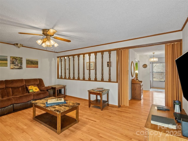 living area featuring a textured ceiling, ceiling fan with notable chandelier, light wood-type flooring, and ornamental molding