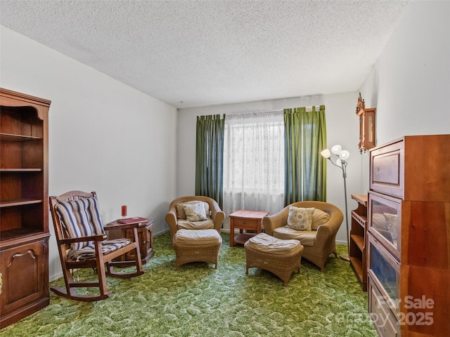 living area featuring baseboards, carpet, and a textured ceiling