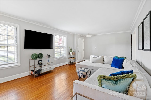 living room featuring baseboards, wood finished floors, and crown molding