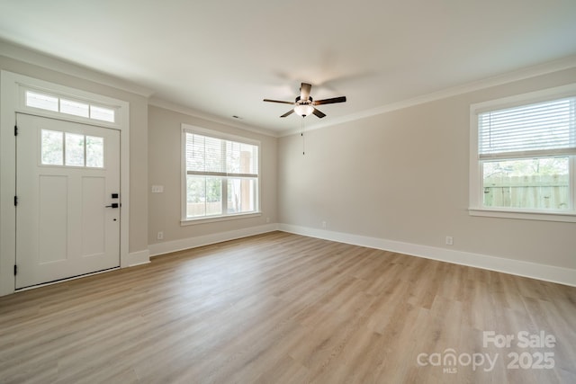 foyer entrance featuring ceiling fan, ornamental molding, light wood finished floors, and plenty of natural light