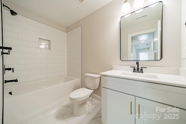 full bath featuring vanity, visible vents, toilet, marble finish floor, and baseboards