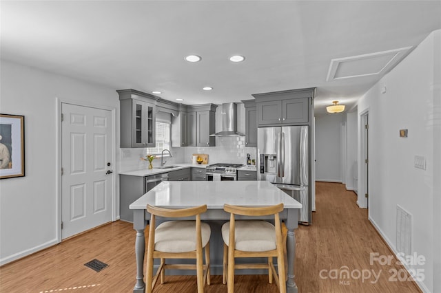 kitchen with appliances with stainless steel finishes, gray cabinets, a sink, and wall chimney range hood