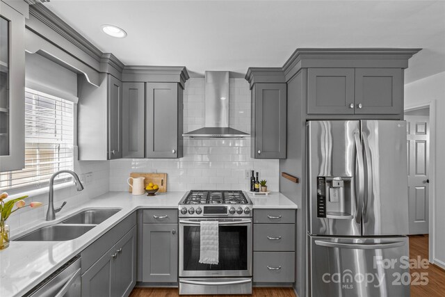 kitchen with wall chimney exhaust hood, gray cabinets, stainless steel appliances, light countertops, and a sink