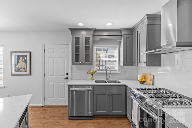 kitchen featuring a sink, wall chimney range hood, gray cabinets, and appliances with stainless steel finishes