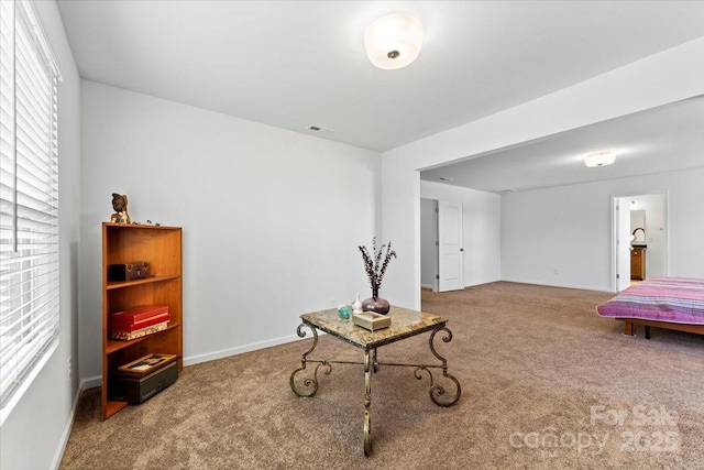 interior space featuring carpet floors, visible vents, and baseboards