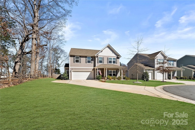 view of front facade featuring a garage, board and batten siding, a front yard, and concrete driveway