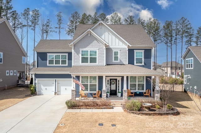 craftsman inspired home with a porch, a garage, driveway, roof with shingles, and board and batten siding